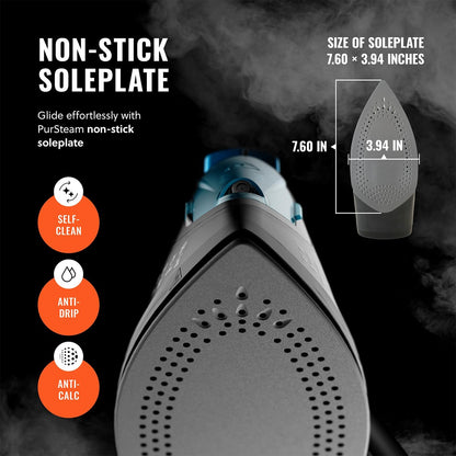 PurSteam Professional Steam Iron - 1250W Power with Burst of Steam & Spray | Non-Stick Soleplate, Easy Control