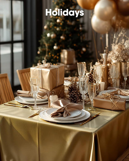Pureegg Disposable Plastic Table Cloths - 10 Pack, 54 x 108 Inch, Leakproof & Sturdy for Graduation, Thanksgiving, Christmas - Gold