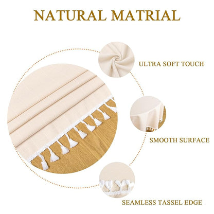Champagne Checkered Cotton Tablecloth 55x55in with Tassels - Wrinkle-Resistant Linen Overlay