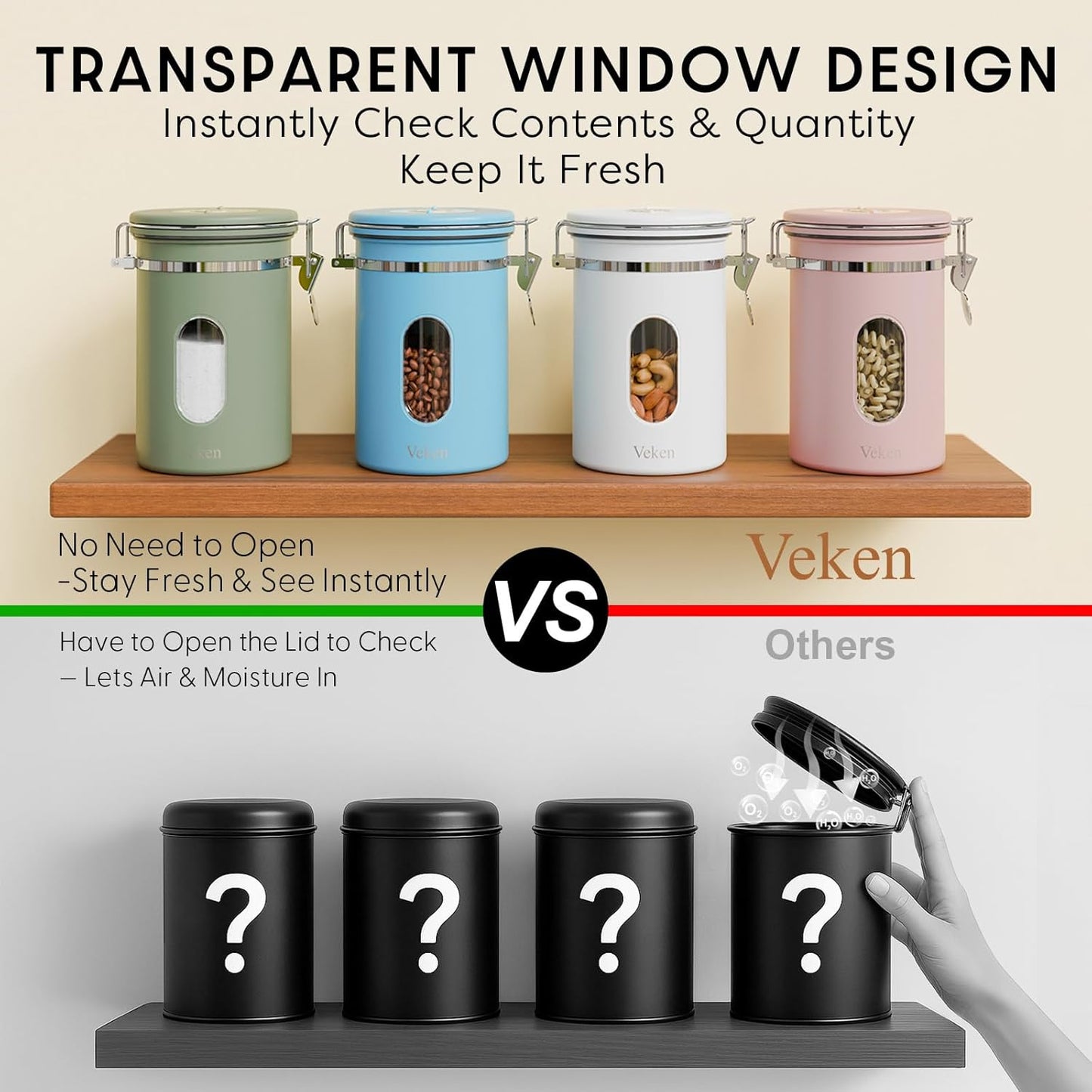 Veken Coffee Canister - Airtight Stainless Steel Container with Window | 22oz White for Grounds, Beans, Tea, and More