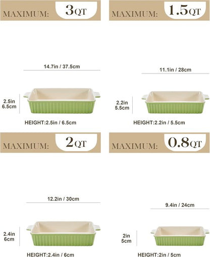 MALACASA Bakeware Set - 4-Piece Porcelain Baking Pans for Oven | Green Casserole Dishes (9.4"-14.7")