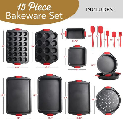 Eatex Nonstick Bakeware Set - 39-Piece Baking Set with Muffin Pan, Cake Pan & Cookie Sheets - Red Kitchen Utensils Included