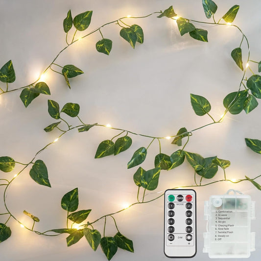 Suddus Fairy Lights Vine - 13.1ft 40 LED Battery Operated Pothos String Lights with Remote | Warm White Decor for Bedroom, Garden, Party, Wedding