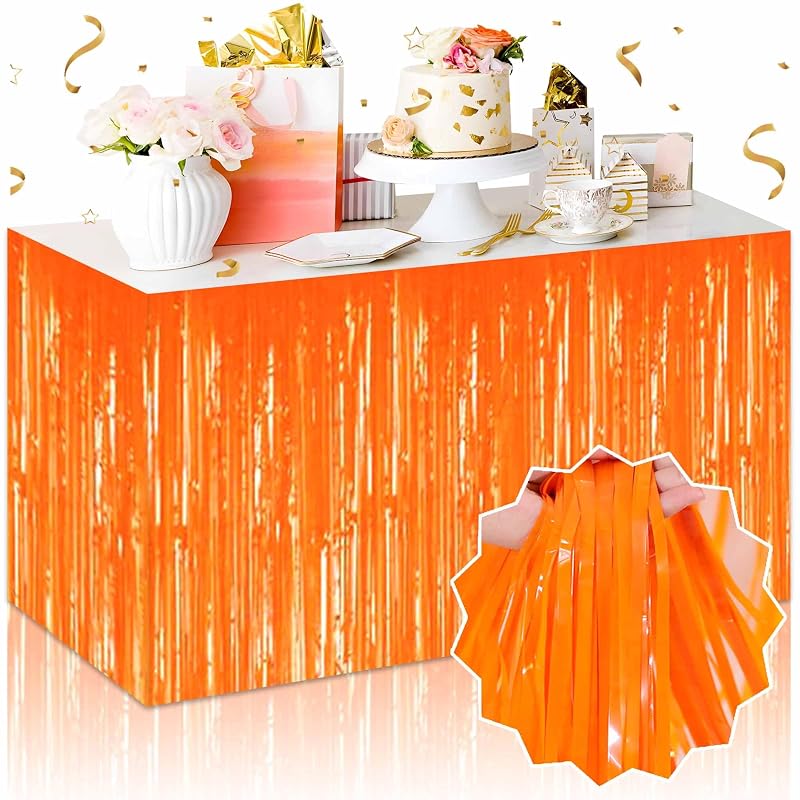 Macaron Orange Variation 3 Pack Foil Fringe Table Skirts - 29x108 in, Tinsel Backdrop