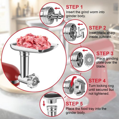 Fruit & Vegetable Strainer Attachment and Food Meat Grinder Attachment for Kitchenaid Stand Mixer with Sausage Stuffer Tubes and Fruits Juicer Auger Strainer