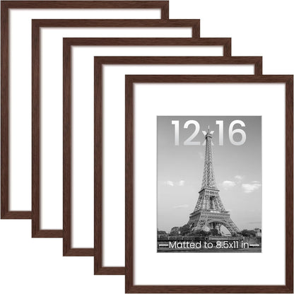 Upsimples 12x16 Picture Frame Set of 5 - Versatile Wall Gallery Frames for 8.5x11 or 12x16 Photos | Brown