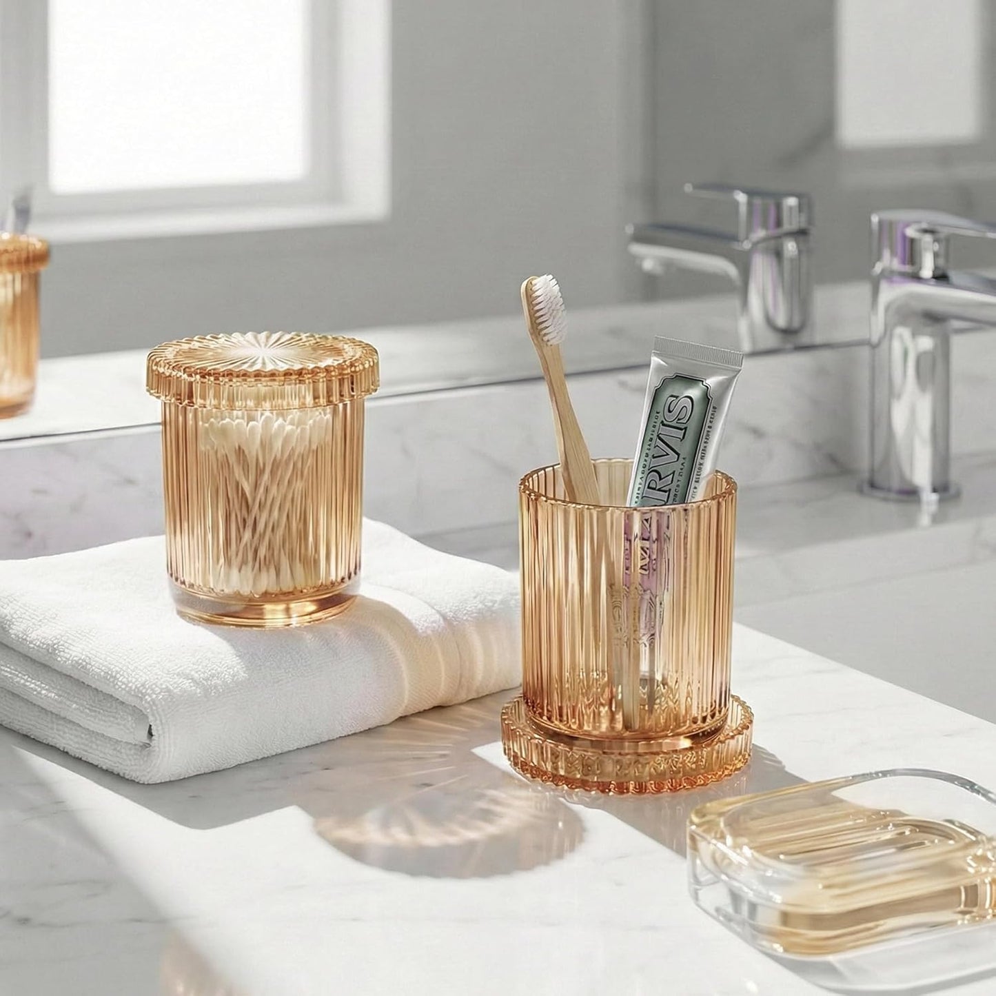 Skiennix Glass Qtip Holder Dispenser - 2 Pack Bathroom Organizers for Cotton Swabs & Makeup Storage (Amber)