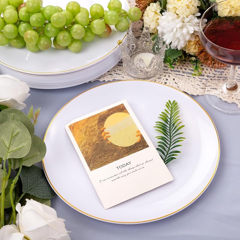 White with Gold Rim 9 Inch Plastic Dinner Plates - 50 Pack, Disposable Party & Wedding Plates