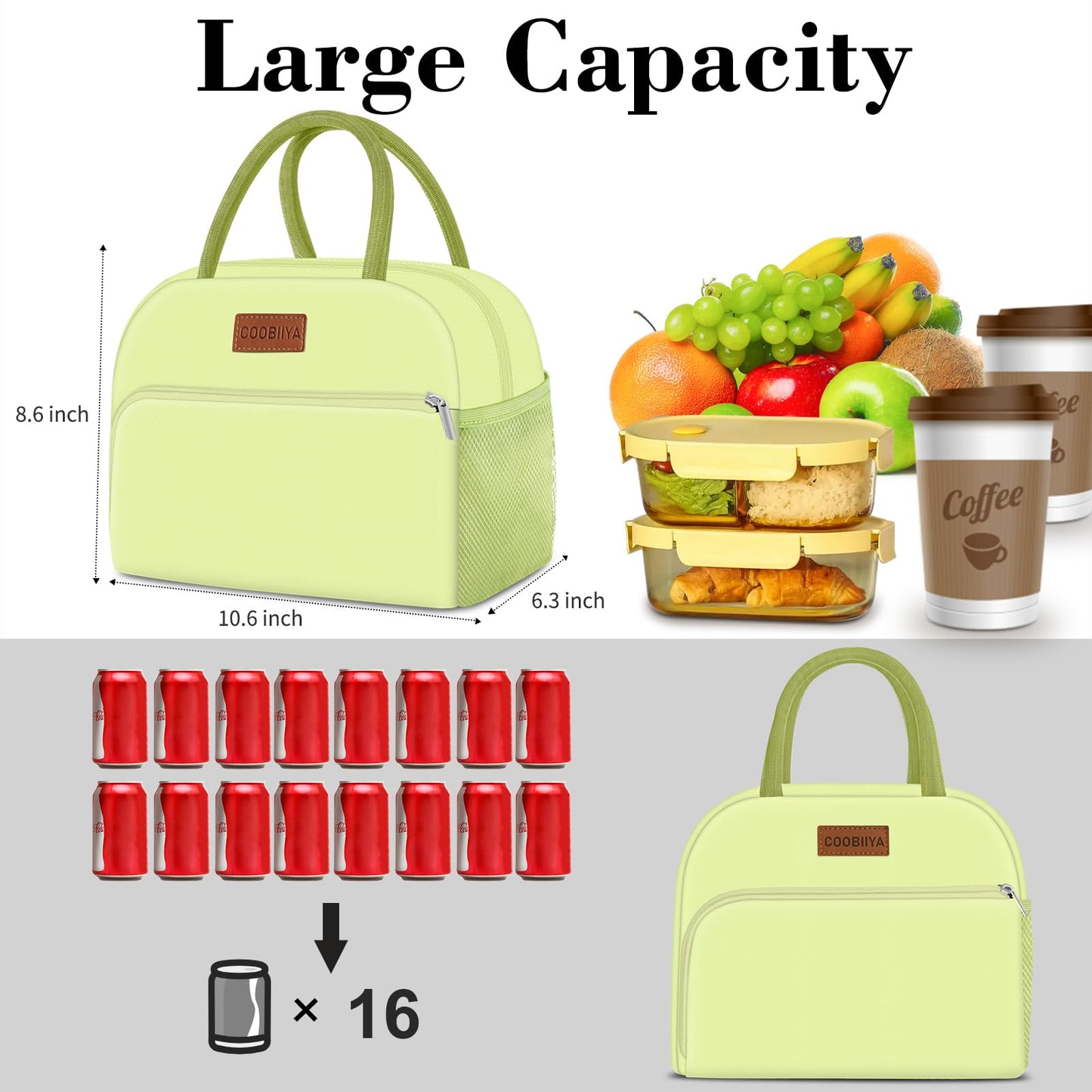 Coobiiya Lunch Bag Women, Lunch Box Lunch Bag for Women Adult Men, Small Leakproof Cute Lunch Tote Large Capacity Reusable Insulated Cooler Lunch Container for Work/Office/Picnic/Travel-Mint Green