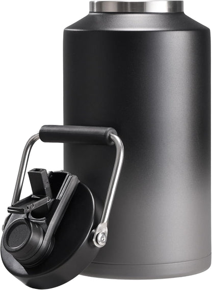 Skiennix One Gallon Insulated Water Bottle - 2-in-1 Straw & Spout Lid, Leakproof, 128oz, Black & Grey