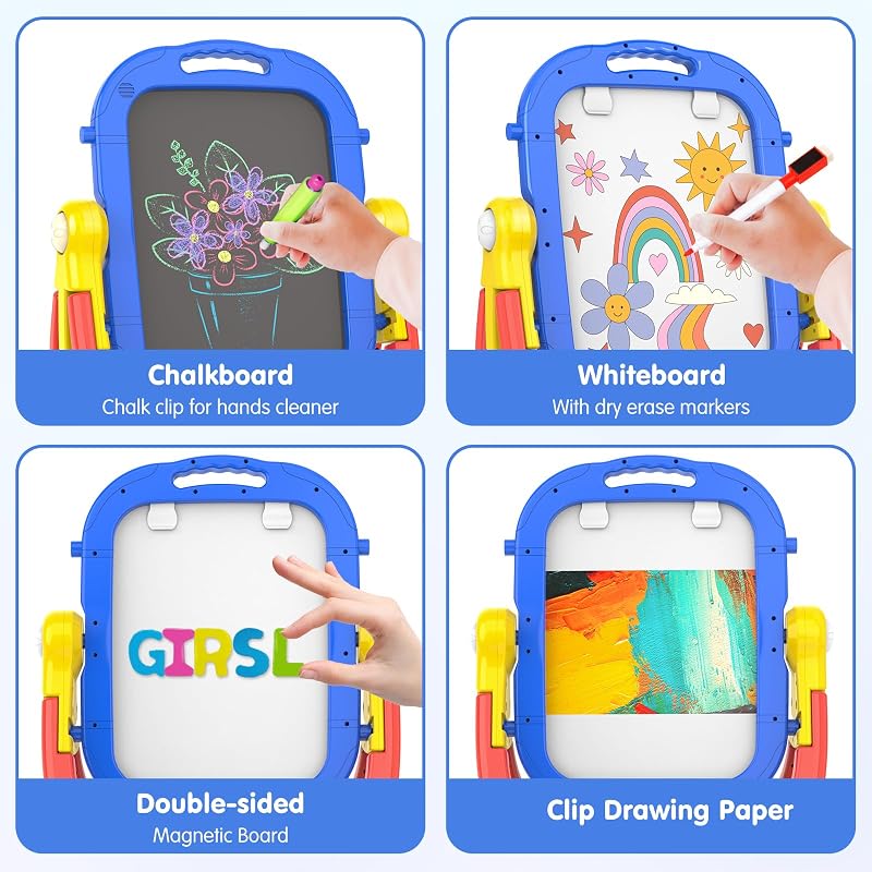 Blue Kids Art Easel for Toddler 3-5, 360° Rotatable Double-Sided Magnetic Chalkboard & Whiteboard