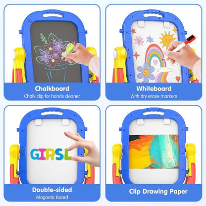 Blue Kids Art Easel for Toddler 3-5, 360° Rotatable Double-Sided Magnetic Chalkboard & Whiteboard