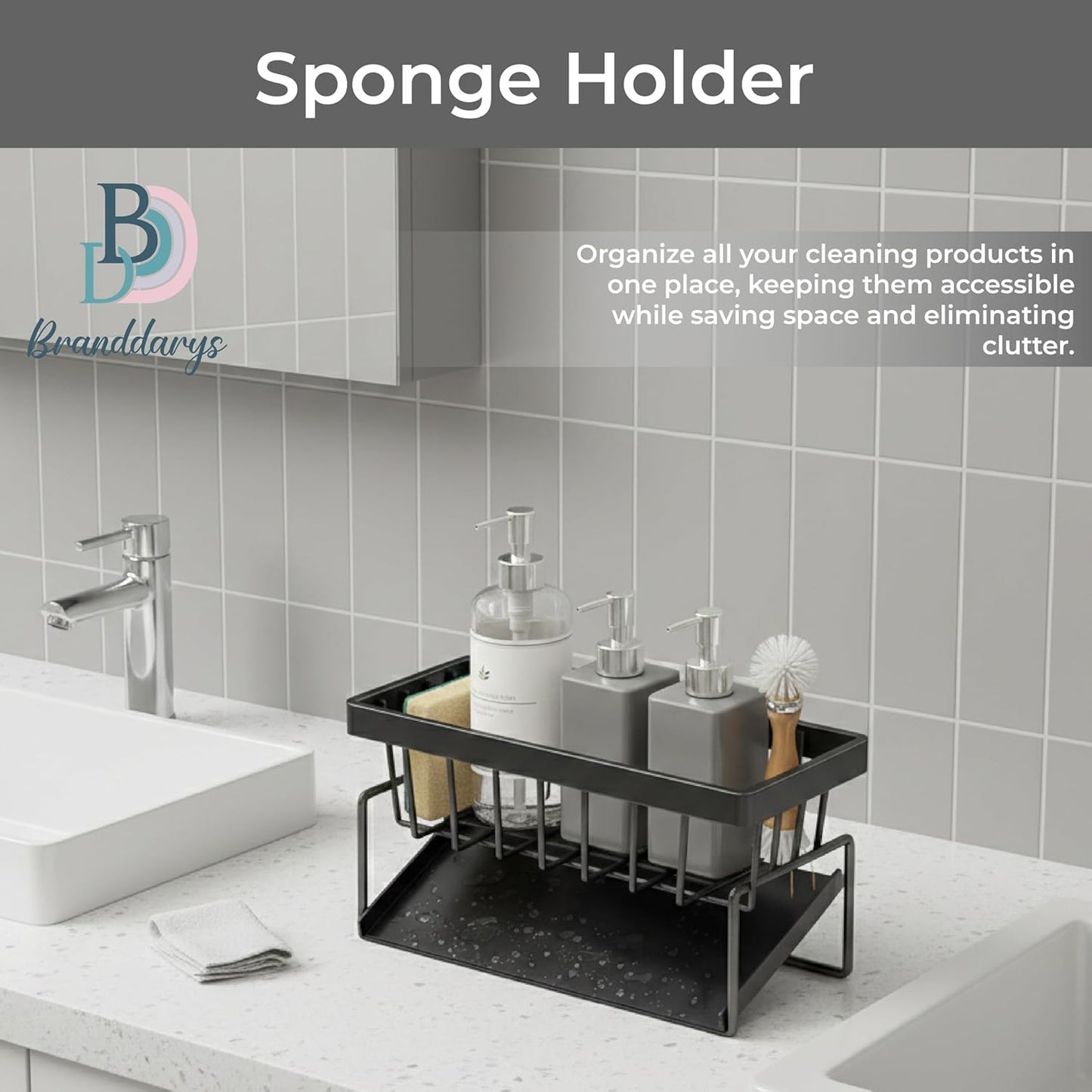 Skiennix Black Stainless Steel Sponge Holder - Rotating Drain Spout & High Brush Holder | Kitchen Sink Organizer with 2 Bear Sponges