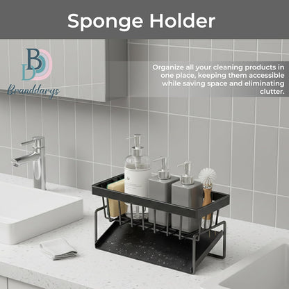 Skiennix Black Stainless Steel Sponge Holder - Rotating Drain Spout & High Brush Holder | Kitchen Sink Organizer with 2 Bear Sponges