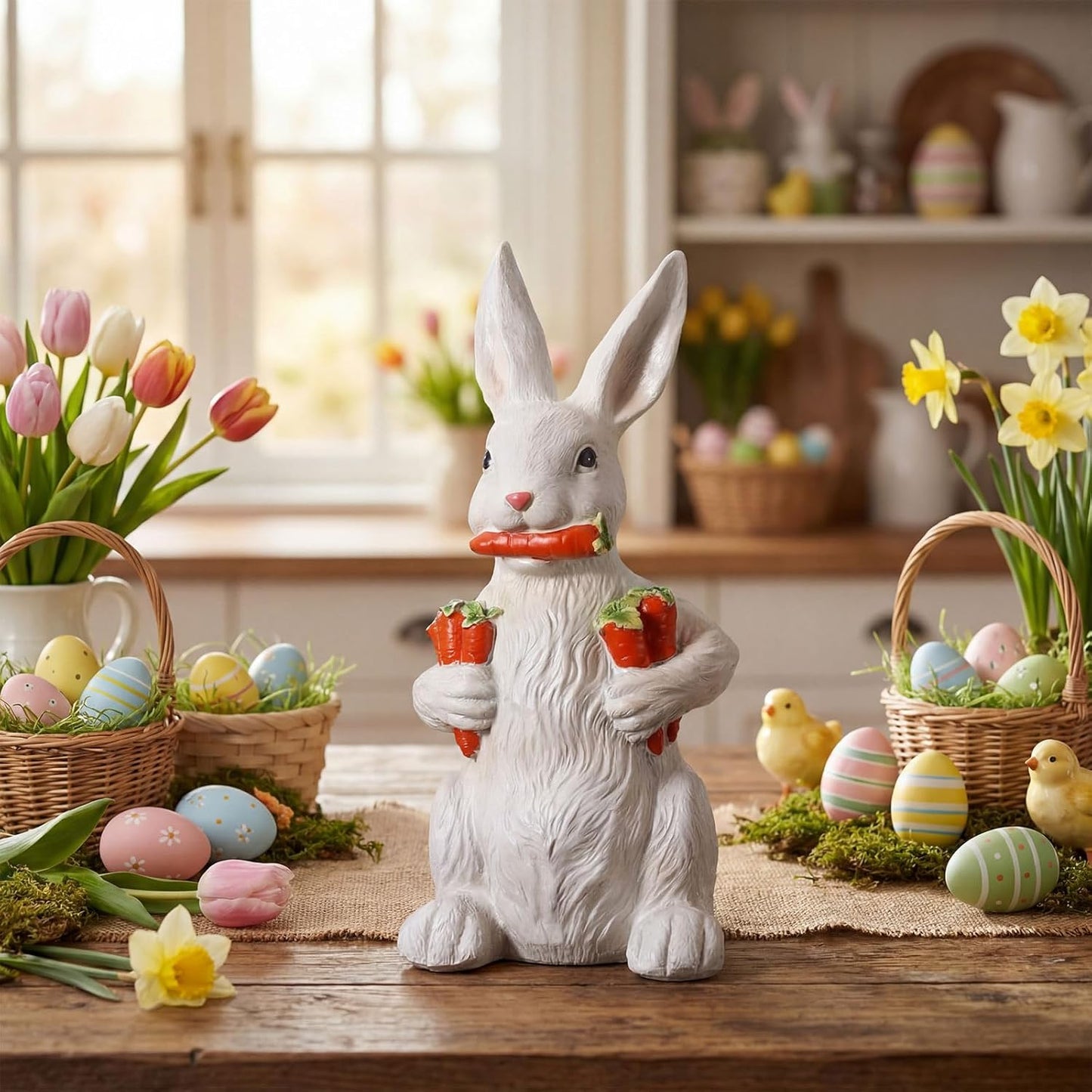 Yookeer 13-Inch Large Bunny Sculpture - Spring Resin Rabbit Figurine with Carrot for Easter Decor