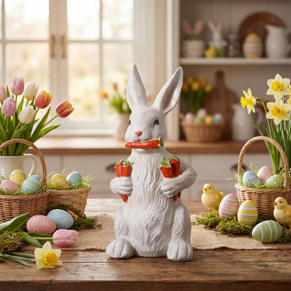 Yookeer 13-Inch Large Bunny Sculpture - Spring Resin Rabbit Figurine with Carrot for Easter Decor