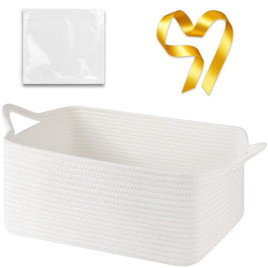 OIASKET Large Empty Gift Baskets for Baby Shower, 16.5" L x 12.6" W x 7" H Cute Woven Storage Basket with Gift Bags and Ribbons, Small Rope Toy Basket with Handles, Cat Dog Pet Toy Organizer - White