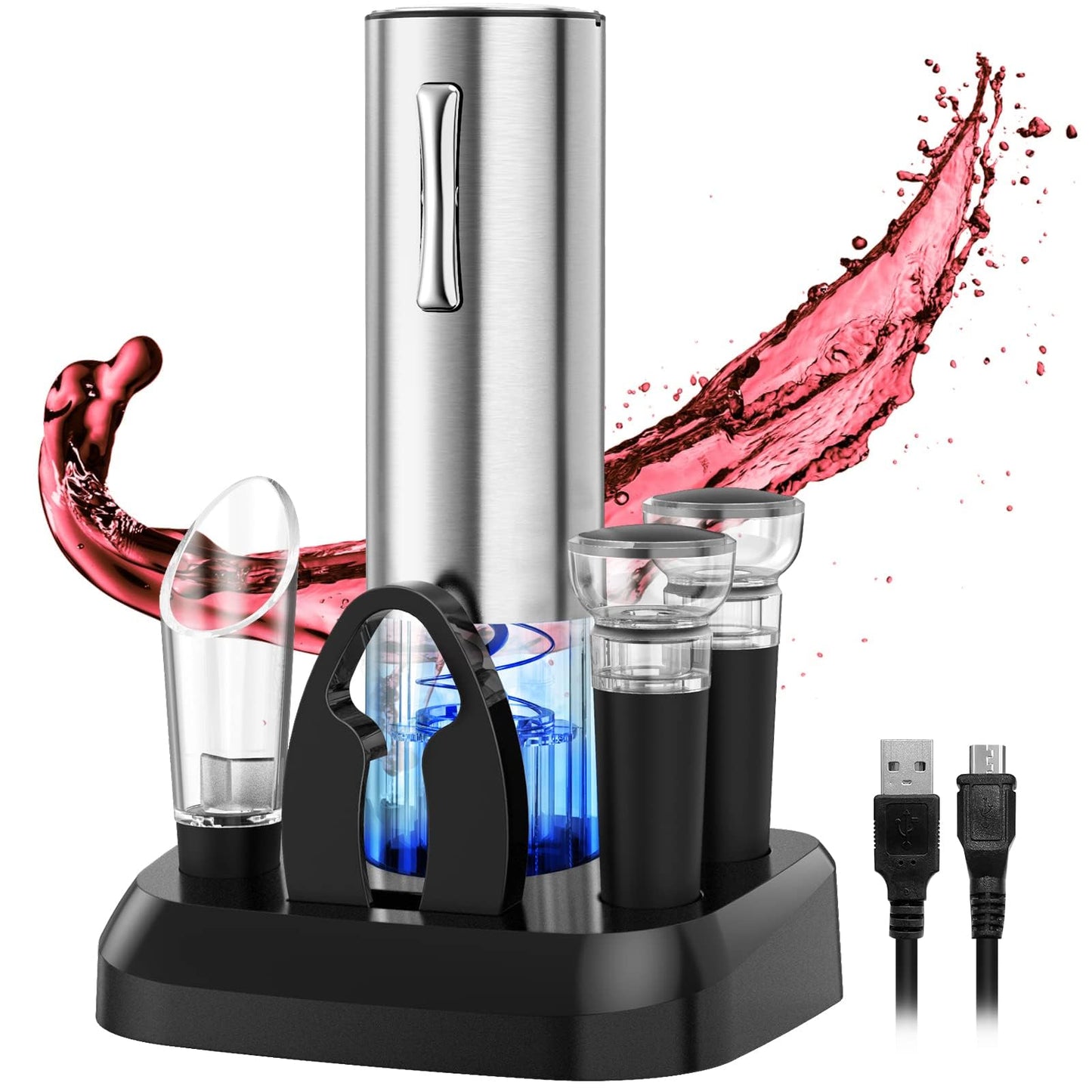 Wine Opener Electric Wine Opener, 7-in-1 Wine Opener Set with Charging Base, Automatic Wine Opener Rechargeable Gift for Wine Lovers Home Kitchen Party Bar Wedding