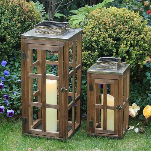 DECORKEY Large Rustic Wooden & Metal Lantern Set - 28''/20'' H Indoor/Outdoor Candle Holders | Dark Brown