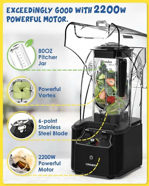 CRANDDI Commercial Blender - 2200 Watt Quiet Countertop Blender with 80oz Pitcher | Smoothie Maker in Black
