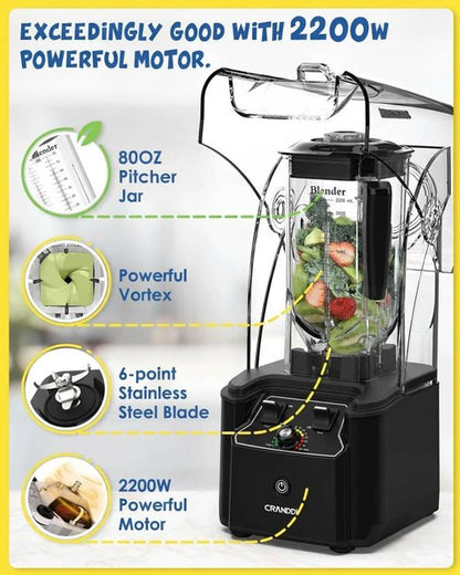 CRANDDI Commercial Blender - 2200 Watt Quiet Countertop Blender with 80oz Pitcher | Smoothie Maker in Black