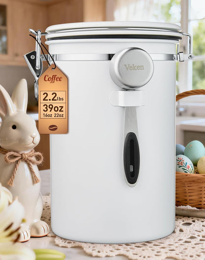 Veken Coffee Canister - 39oz Airtight Stainless Steel Storage Container with Date Tracker & Scoop | White