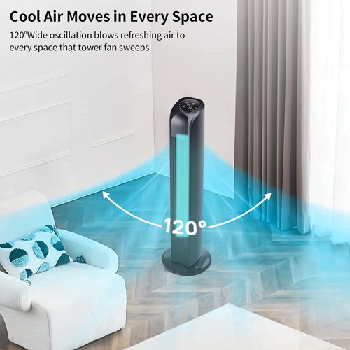 Uthfy Tower Fan for Bedroom, 120° Oscillating Standing Floor Bladeless Fans That Blow Cold Air with Remote, 3 Modes 3 Speeds, 7.5H Timer, for Indoor Living Room Office, 30 Inch, Black