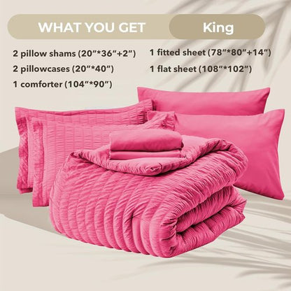 HYMOKEGE King Size Comforter Set - Hot Pink Seersucker 7-Piece Luxury Bedding Set for All Seasons