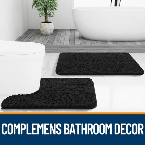 OLANLY Toilet Rugs U-Shaped 20x20, Extra Soft Absorbent Chenille Contour Bathroom Rugs for Toilet, Dry Quickly, Machine Washable, Non-Slip Bath Mat, Black