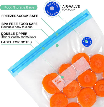 Vacuum Sealer Bags by Sous Vide - 31 Pcs Reusable BPA-Free Food Storage Bags with Clips & Valves
