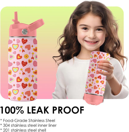 Skiennix Heart Pattern Kids Water Bottle - 16 Oz Stainless Steel Insulated Tumbler, Leak Proof, BPA-Free, Ideal for School & Travel