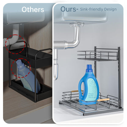 Delamu 2Pack Under Sink Organizer, Adjustable Height Under Sink Organizers and Storage, Metal Under Kitchen Sink Organizer, Under Sink Storage for Bathroom Cabinet, Undersink Organizers Kitchen, Black