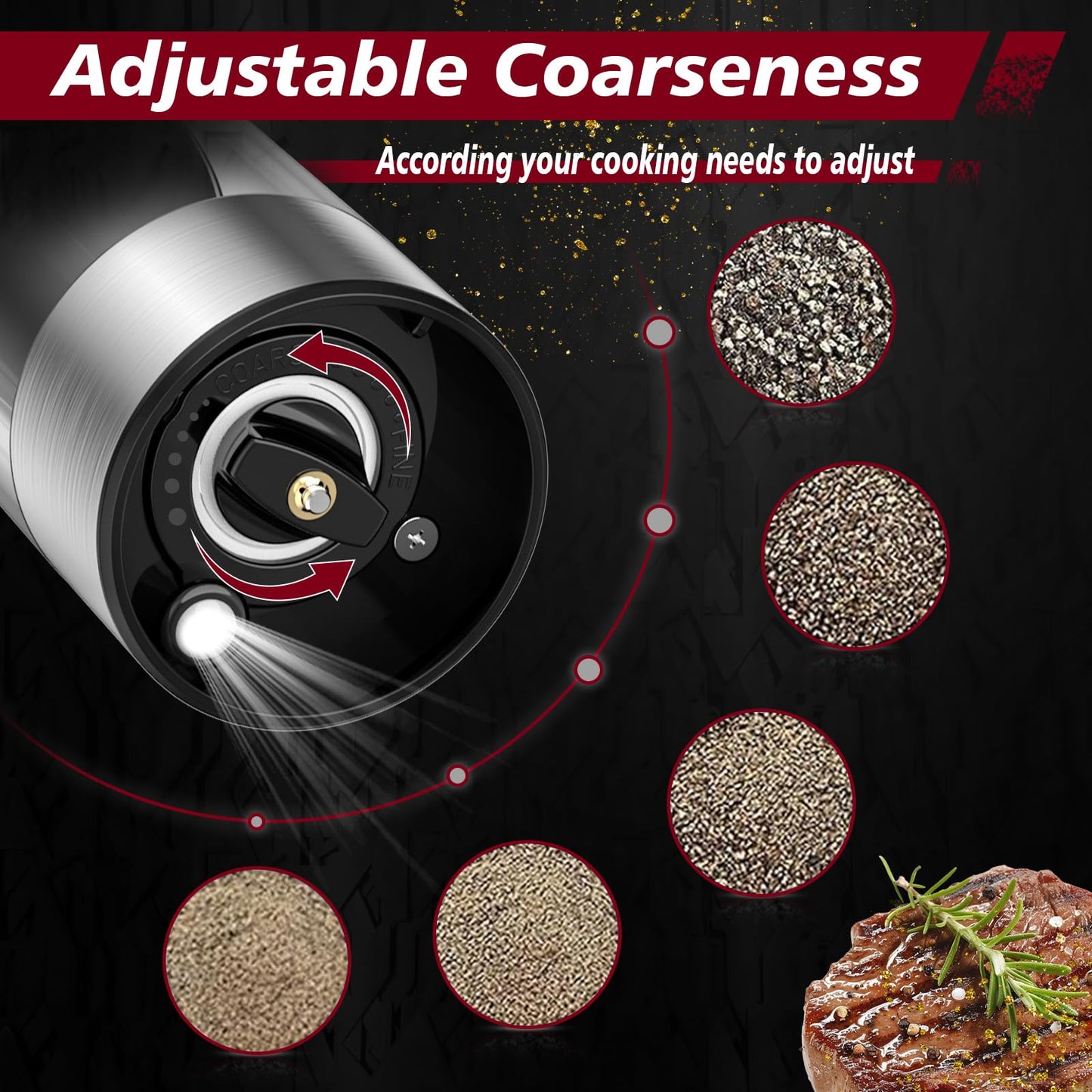 Stainless Steel Rechargeable Lighted Electric Salt and Pepper Grinder Set with Adjustable Coarseness,One Hand Operation Automatic Salt and Pepper Mill Grinder Shakers,2 Packs