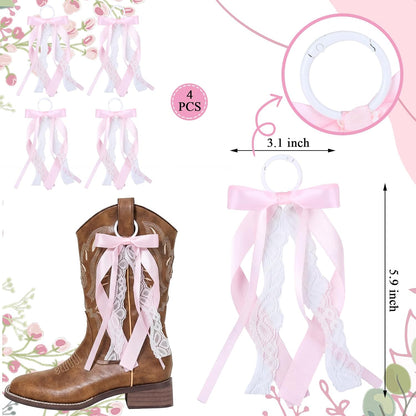 Skiennix Pink Ribbon Boot Bows - 4 Pcs Removable Lace Clips for Cowgirl Boots | Wedding & Bridal Shower Decor