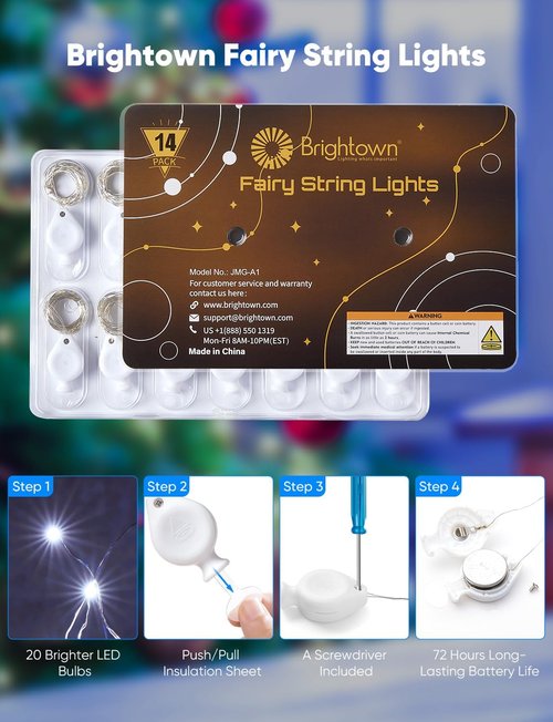 Brightown 14 Pack LED Fairy Lights - Battery Operated Waterproof String Lights | 7ft Silver Wire for DIY Decor