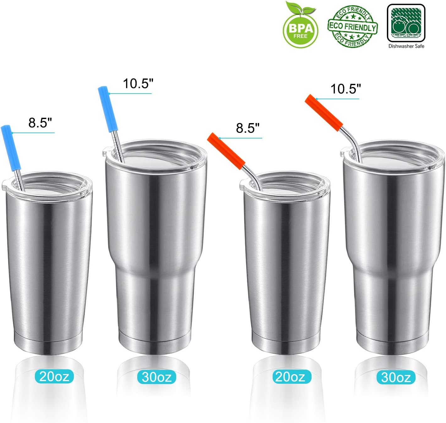 Skiennix Reusable Stainless Steel Straws - Eco-Friendly Extra Long Set of 16 with Travel Case & Cleaning Brush