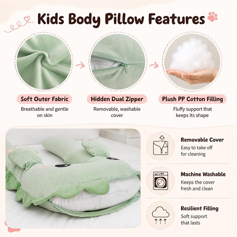 Green Dinosaur U Shaped Kids Body Pillow - Plush Toddler Comfort Pillow