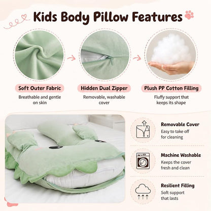 Green Dinosaur U Shaped Kids Body Pillow - Plush Toddler Comfort Pillow