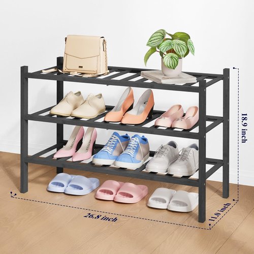 Kitsure Bamboo Wooden Shoe Rack - Stackable 3-Tier Organizer, Space-Saving Shelf for Entryway | Black, 26.8" Wide