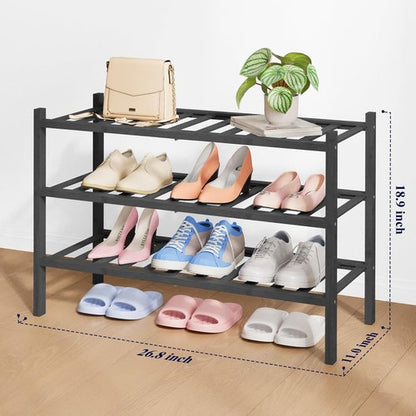 Kitsure Bamboo Wooden Shoe Rack - Stackable 3-Tier Organizer, Space-Saving Shelf for Entryway | Black, 26.8" Wide