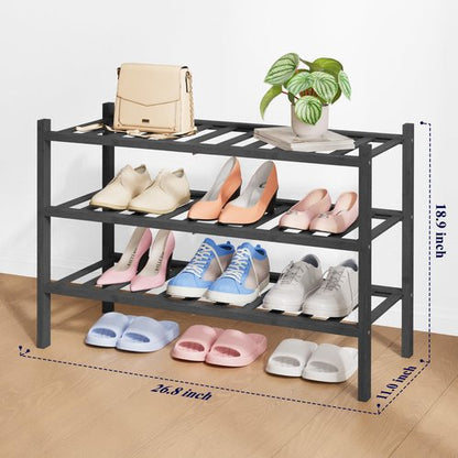 Kitsure Bamboo Wooden Shoe Rack for Closet - Stackable Shoe Organizer with Modular Structure, Space-Saving Shoe Shelf for Entryway, Living Room, Bedroom, 26.8" Wide - 3 Tiers, Black