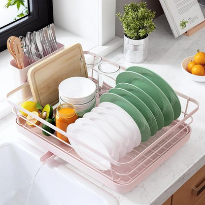 Kitsure Dish Drying Rack - Stainless Steel Kitchen Organizer with Cutlery Holder | 12"W x 15.5"L, Pink