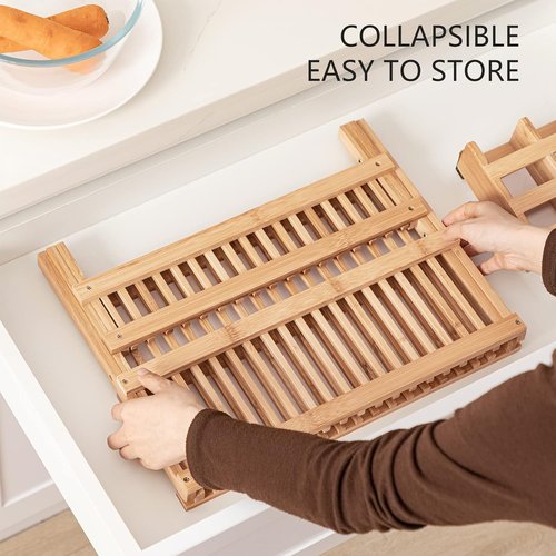 HBlife Bamboo Dish Rack - 2-Tier Collapsible Drainer with Utensil Holder Set | Space-Saving Design