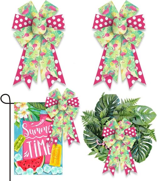 Estivaux Summer Wreath Bows - 2-Piece Set with Green & Pink Burlap Flamingo Design for Beach Decor