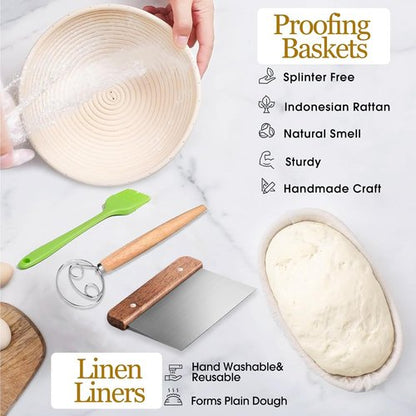 Dimpola Banneton Bread Proofing Basket Set - Handmade Rattan Sourdough Bowls (Oval & Round)