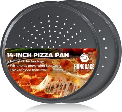 HONGBAKE 14.8-Inch Non-Stick Pizza Pan Set - Perforated Carbon Steel for Crispy Homemade & Frozen Pizza | Grey
