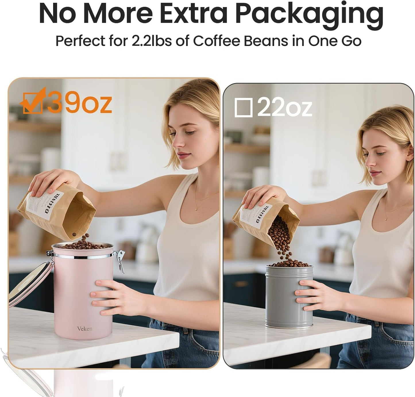 Veken Coffee Canister - 39oz Airtight Stainless Steel Storage for 2.2lbs Coffee, Sugar, Tea | Pink with Date Tracker & Scoop