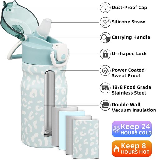 BJPKPK Insulated Water Bottle - 14oz Reusable Stainless Steel Flask with Straw & Leak-Proof Lid | Light Blue Leopard