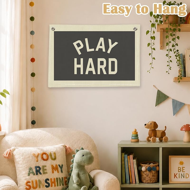 Play Hard Linen Canvas Banner for Kids Room - Playroom Wall Decor