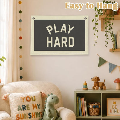 Play Hard Linen Canvas Banner for Kids Room - Playroom Wall Decor